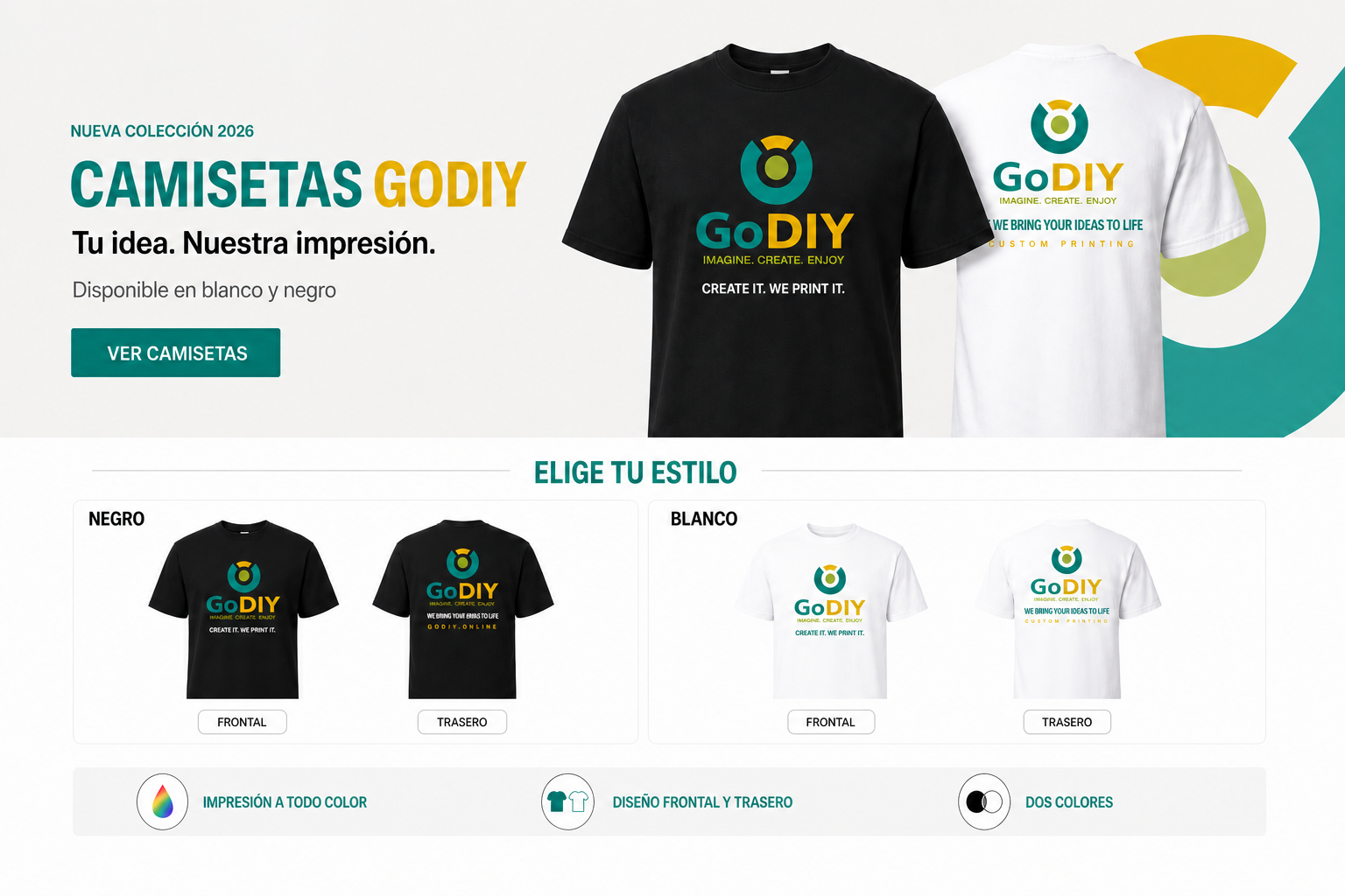 Colección de camisetas GoDIY negras y blancas